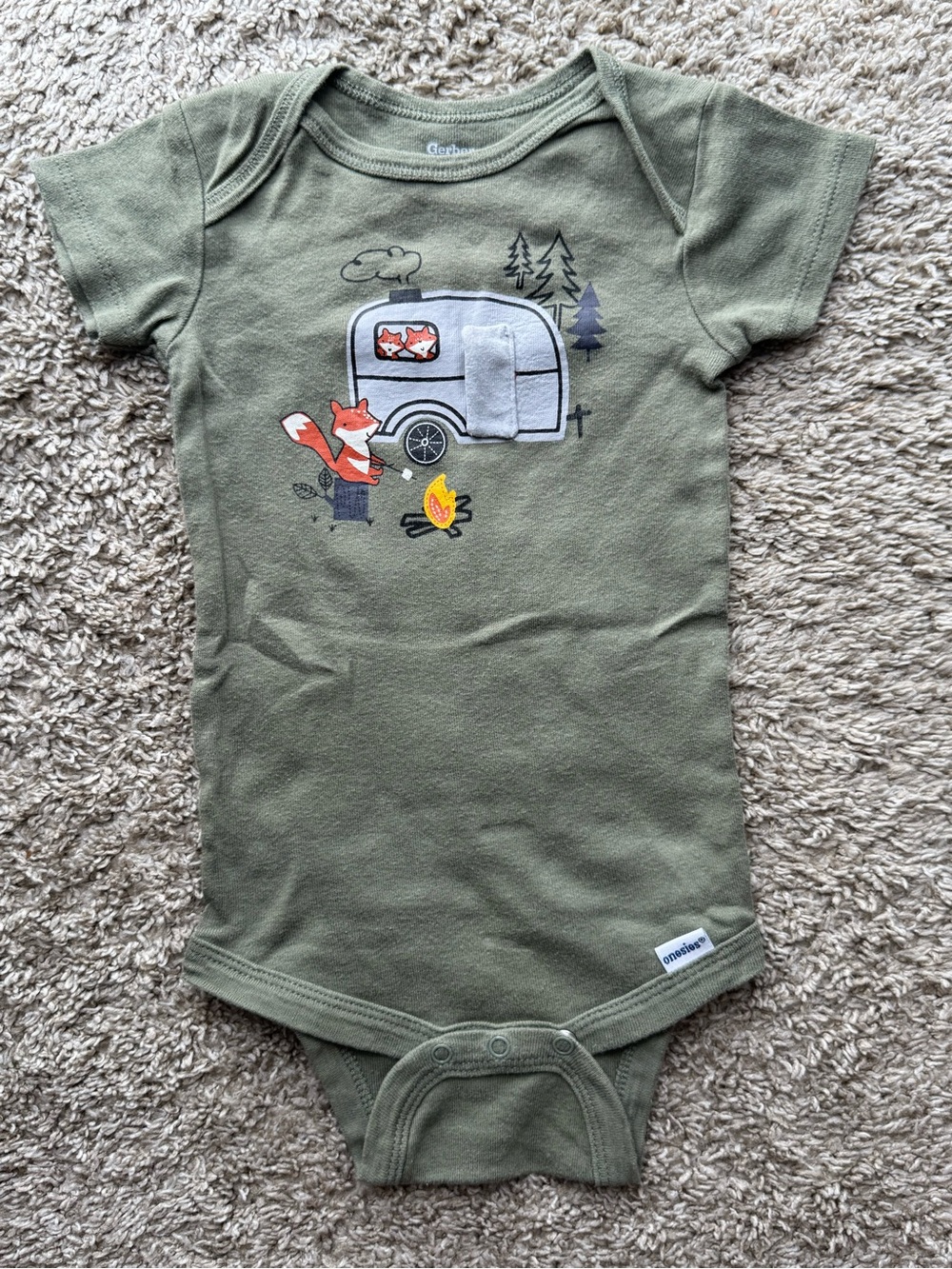 Gerber Baby Camping Fox Short Sleeve Bodysuit Olive Green Camper 6-9 Months
